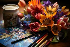 ai generato colorato tulipani matite e un' caffè taccuino per un' vivace giorno, diverso formazione scolastica e insegnanti giorno Immagine foto