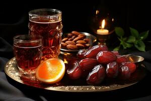 ai generato un' delizioso tazza di date accoppiato con tradizionale multaqwa Arabo bere, islamico immagini foto