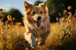 ai generato gioioso cane trattini attraverso lussureggiante verde erba, animale domestico fotografia foto