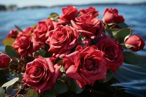 un' romantico viaggio con rosso Rose adornare un' sereno barca, Fidanzamento, nozze e anniversario Immagine foto