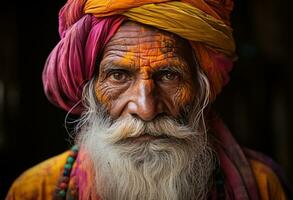 ai generato holi eleganza Rajasthan turbante uomo nel vivace colori, holi Festival immagini HD foto