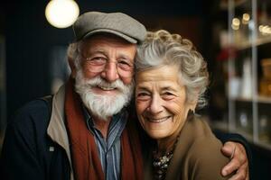 ai generato coppia Abbracciare una persona nel il comodità di casa, contento attivo gli anziani immagini foto