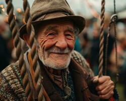 ai generato contento anziano uomo godendo un' swing con un' Sorridi, immagini di anziano cittadini foto