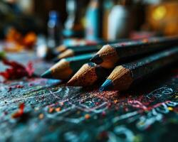 ai generato matite e colorato marcatori di un' lavagna tela, diverso formazione scolastica e insegnanti giorno Immagine foto