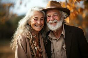 ai generato anziano coppia Abbracciare una persona il autunno stagione, attivo gli anziani stile di vita immagini foto
