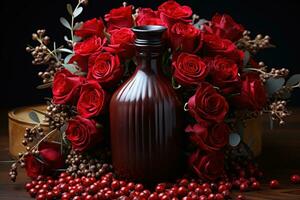 ai generato un' romantico preparativi di rosso Rose nel un' Vintage ▾ pozione bottiglia, Fidanzamento, nozze e anniversario Immagine foto