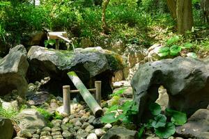 un' giapponese bambù acqua Fontana shishi-odoshi nel zen giardino foto