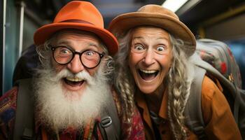 ai generato anziano coppia cappello e zaino, immagini di anziano cittadini foto