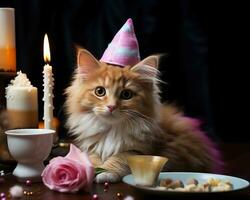 ai generato adorabile gattino celebra con un' festa cappello su un' piatto, animale domestico foto