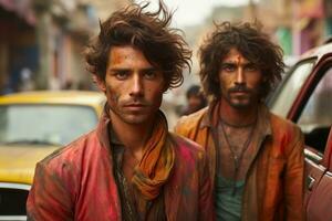 ai generato indiano fratelli ornato con dipinto facce, holi Festival immagini HD foto