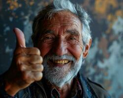 ai generato un' contento Nonno sorridente e dando un' pollici su nel celebrazione, immagini di anziano cittadini foto