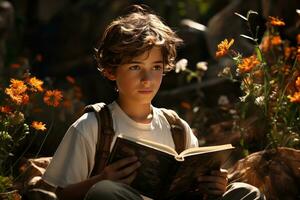 ai generato un' tranquillo scena di un' ragazzo immersa nel lettura in mezzo natura abbraccio, libro fotografie HD