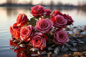 ai generato rosso Rose rispecchiato nel un' cristallo chiaro lago, Fidanzamento, nozze e anniversario Immagine foto