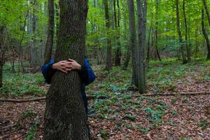 donna dando un' abbraccio per il albero. mondo ambiente giorno concetto foto