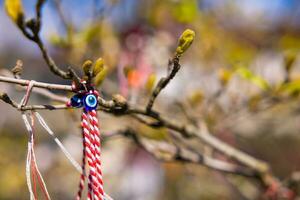 martenitsa con il male occhio perlina legato su il albero nel messa a fuoco nel il primavera foto