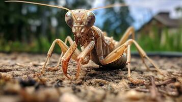 ai generato foto di brizzolato mantide su un' terra. generativo ai