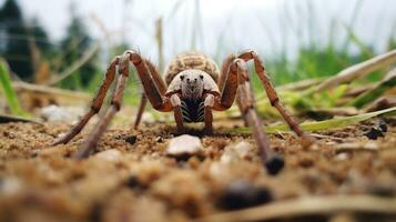 ai generato foto di Marrone recluso ragno su un' terra. generativo ai