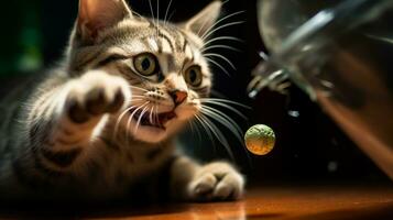 ai generato foto di un' gatto batting a un' giocattolo topo. generativo ai