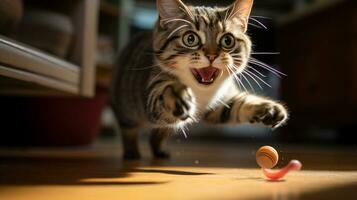 ai generato foto di un' gatto batting a un' giocattolo topo nel un' giocoso. generativo ai