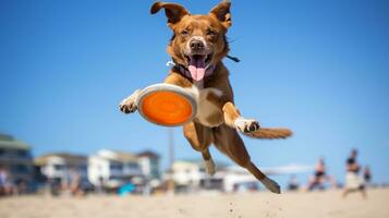 ai generato foto di un atletico cane partecipando nel un' frisbee. generativo ai