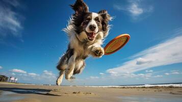 ai generato foto di un atletico cane partecipando nel un' frisbee. generativo ai