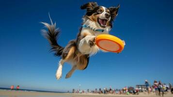 ai generato foto di un atletico cane partecipando nel un' frisbee. generativo ai