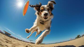 ai generato foto di un atletico cane partecipando nel un' frisbee. generativo ai