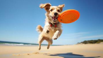 ai generato foto di un atletico cane partecipando nel un' frisbee. generativo ai