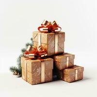 ai generato impostato di parecchi oro vacanza regalo scatole isolato su un' bianca sfondo. Natale regalo. avvicinamento. Natale saldi. foto