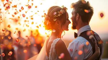 ai generato romantico all'aperto nozze celebrazione, sposa e quello dello sposo speciale giorno foto