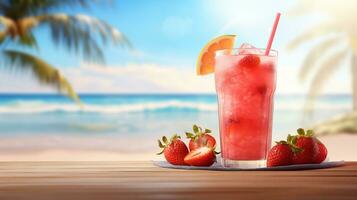 ai generato fragola cocktail illustrazione spiaggia sfondo con copia spazio per testo foto