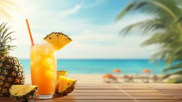 ai generato tropicale ananas cocktail su spiaggia con copia spazio foto