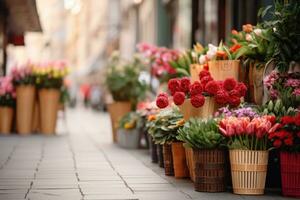 ai generato strada fiore negozi nel europeo stile. mazzi di fiori di Rose tulipani nel grande cesti In piedi nel mercato nel davanti di costruzione. un' bellissimo primavera floreale immagine su sfocato sfondo foto