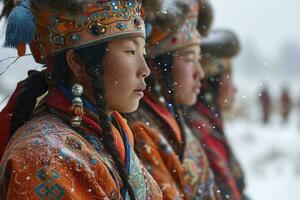 ai generato donne nel nazionale mongolo vestiti celebrare il bianca inverno mese vacanza nel Mongolia, sagaalgan foto
