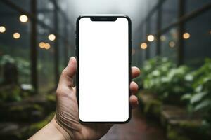 ai generato nel il palma di il mano, un' elegante moderno smartphone viene visualizzato un' bianca schermo foto