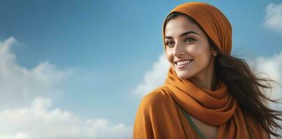 ai generato bellissimo musulmano donna sorridente e ridendo indossare un' hijab e decorato scialle foto