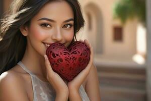 ai generato celebrazione per San Valentino giorno con bellissimo giovane donna detiene un' rosso cuore nel sua mani foto