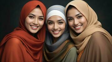 ai generato bellissimo gruppo di I musulmani donne sorridente e ridendo indossare un' hijab e decorato scialle foto