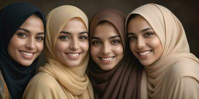 ai generato bellissimo gruppo di I musulmani donne sorridente e ridendo indossare un' hijab e decorato scialle foto