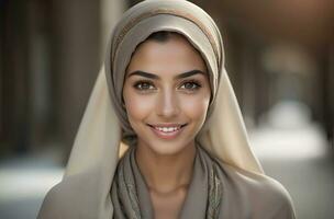 ai generato bellissimo musulmano donna sorridente e ridendo indossare un' hijab e decorato scialle foto