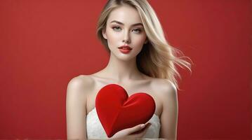 ai generato celebrazione per San Valentino giorno con bellissimo giovane donna detiene un' rosso cuore nel sua mani foto