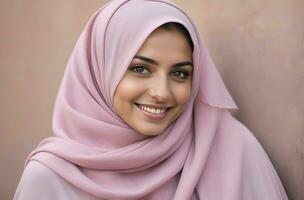 ai generato bellissimo musulmano donna sorridente e ridendo indossare un' hijab e decorato scialle foto