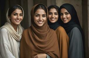 ai generato bellissimo gruppo di I musulmani donne sorridente e ridendo indossare un' hijab e decorato scialle foto