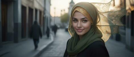 ai generato bellissimo musulmano donna sorridente e ridendo indossare un' hijab e decorato scialle foto