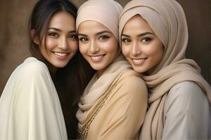 ai generato bellissimo gruppo di I musulmani donne sorridente e ridendo indossare un' hijab e decorato scialle foto