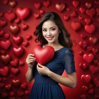 ai generato celebrazione per San Valentino giorno con bellissimo giovane donna detiene un' rosso cuore nel sua mani. foto