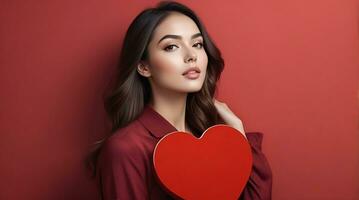 ai generato celebrazione per San Valentino giorno con bellissimo giovane donna detiene un' rosso cuore nel sua mani foto