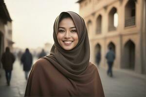 ai generato bellissimo musulmano donna sorridente e ridendo indossare un' hijab e decorato scialle foto