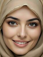 ai generato bellissimo musulmano donna sorridente e ridendo indossare un' hijab e decorato scialle foto