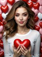 ai generato celebrazione per San Valentino giorno con bellissimo giovane donna detiene un' rosso cuore nel sua mani. foto